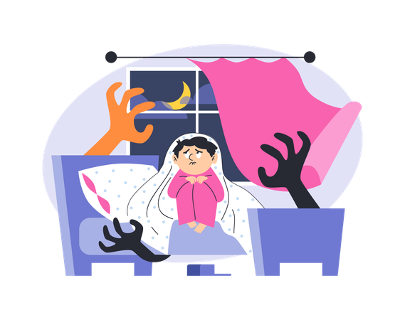 Scared child sitting on bed under blanket and hiding from monsters  Illustration