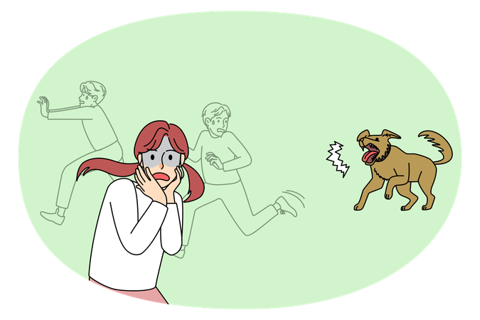 Scared children run away from barking dog  Illustration