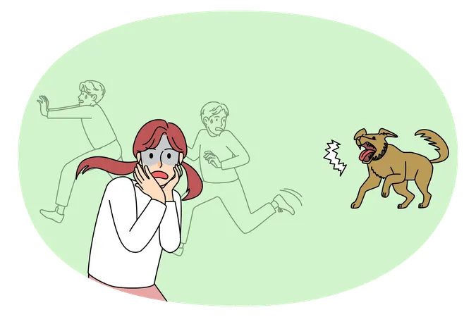 Scared children run away from barking dog  Illustration