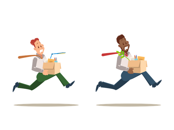Scared Dismissed Worker employees Run from Office Illustration