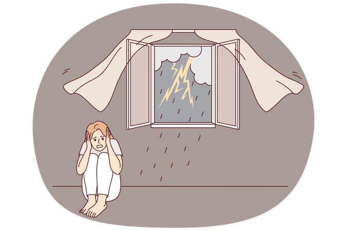 Scared girl afraid of storm outdoors  Illustration