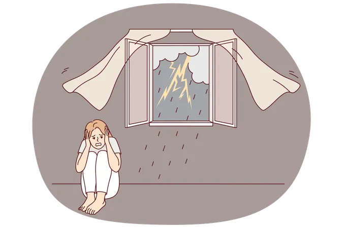 Scared girl afraid of storm outdoors  Illustration