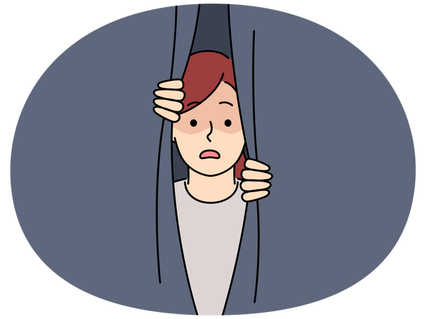 カーテンの後ろを覗く怯えた少女  イラスト