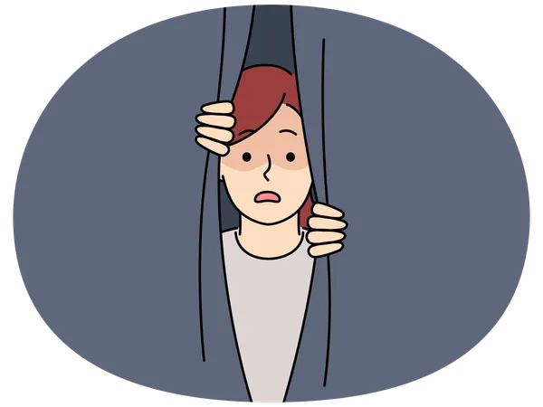カーテンの後ろを覗く怯えた少女  イラスト
