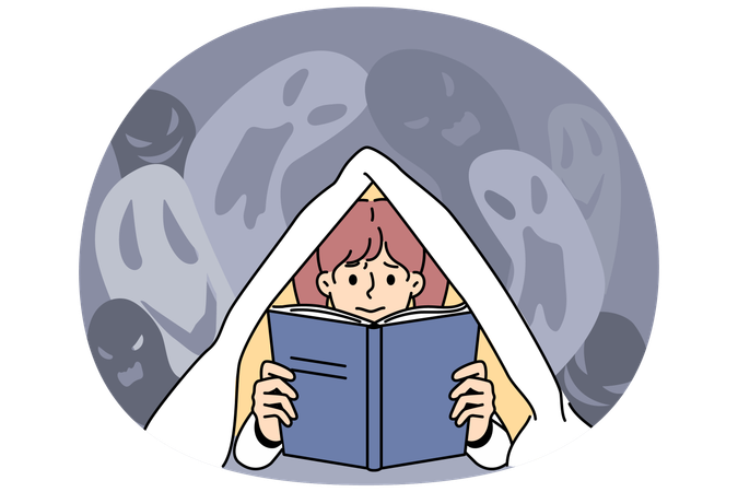 Scared girl terrified reading scary book  Illustration