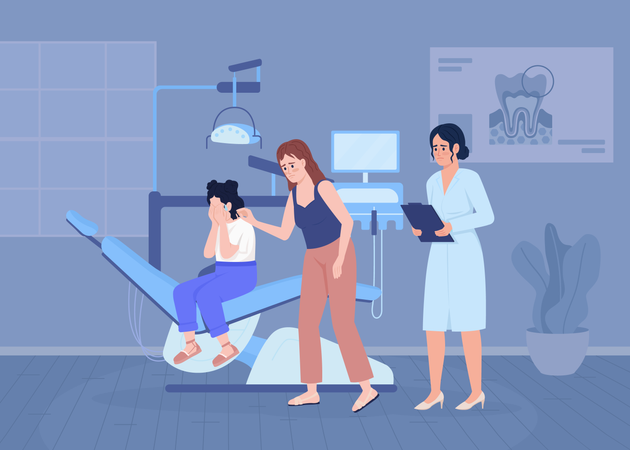 Scared girl with mother at dentist appointment  Illustration