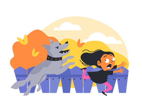 Scared little girl running away from big angry dog  Illustration