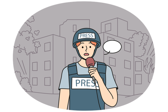 Scared male correspondent love broadcast from war zone  Illustration