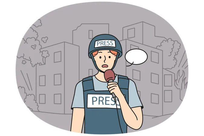 Scared male correspondent love broadcast from war zone  Illustration