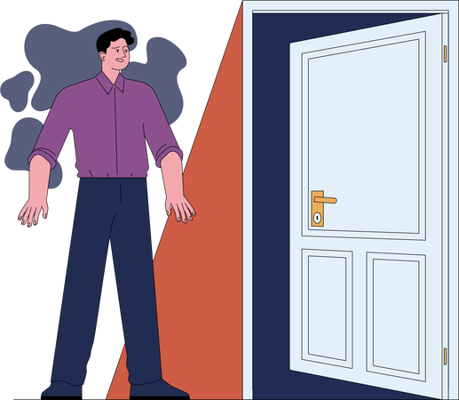 Scared man feels frightened to enter into dark room  Illustration