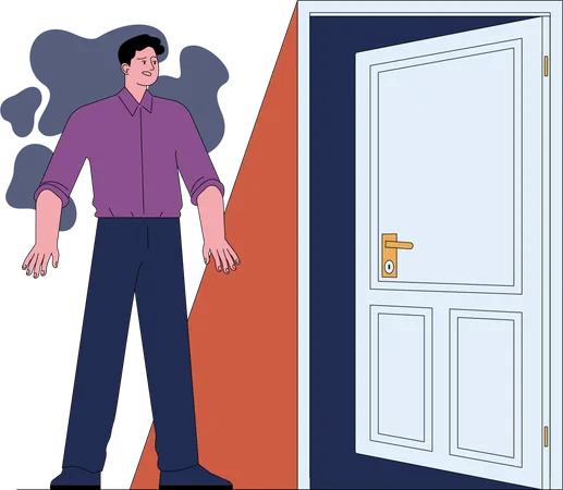 Scared man feels frightened to enter into dark room  Illustration