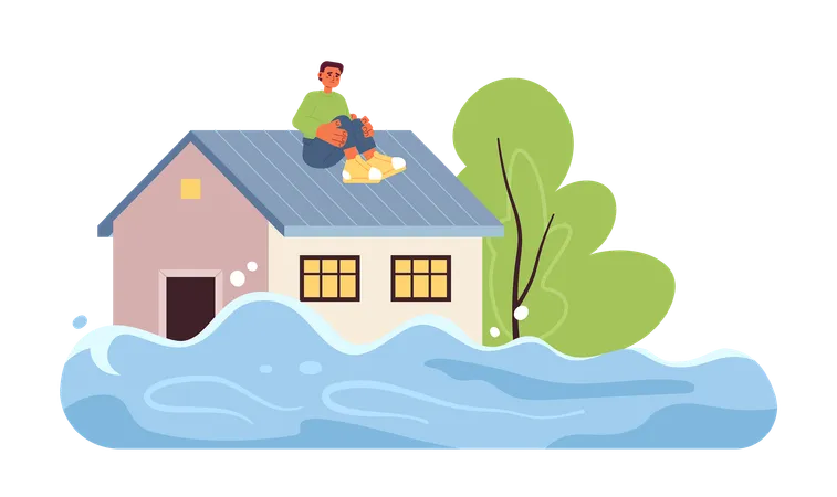 Scared Man On House Roof Flat Concept Vector Spot Illustration Flooded House Rescue From Water Man Waiting 2 D Cartoon Character On White For Web UI Design Isolated Editable Creative Hero Image Illustration