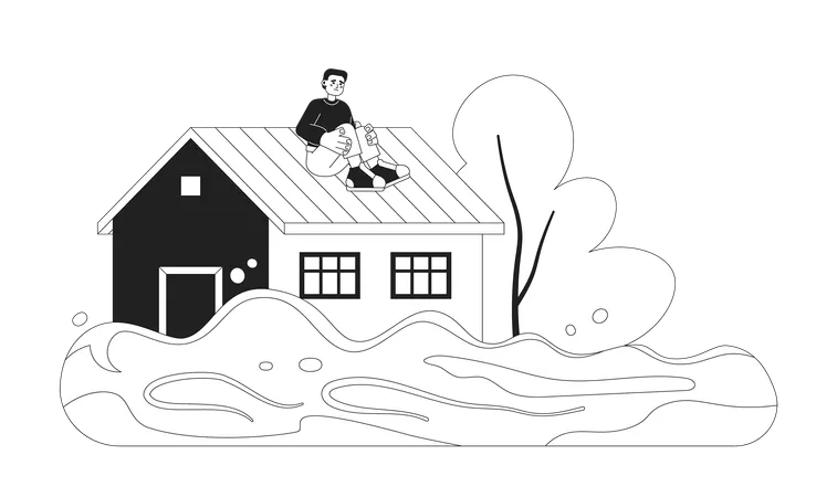 Scared Man On House Roof Monochrome Concept Vector Spot Illustration Flooded House Rescue From Water Man Waiting 2 D Flat Bw Cartoon Character For Web UI Design Isolated Editable Hand Drawn Hero Image Illustration