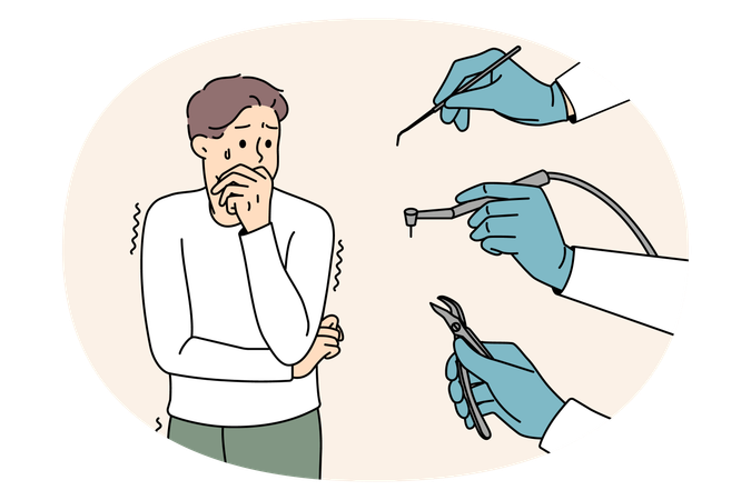 Scared man stressed with dental tools and dentist  Illustration