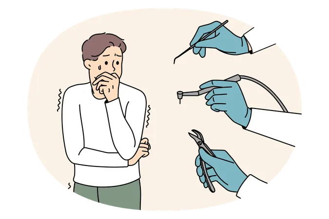 Scared man stressed with dental tools and dentist  Illustration