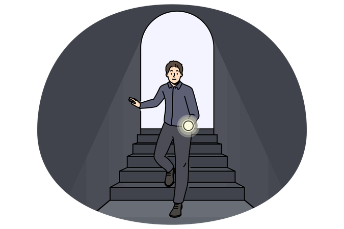 Scared man with flashlight walk in darkness  Illustration