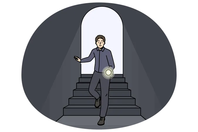 Scared man with flashlight walk in darkness  Illustration