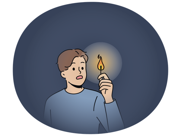 Scared man with lit match in dark  Illustration