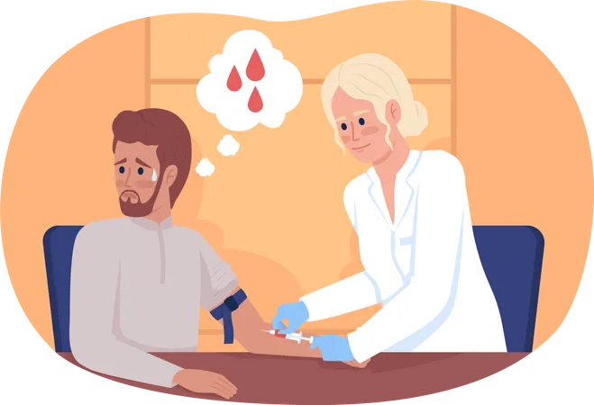 Scared Patient At Blood Collection Procedure 2 D Vector Isolated Illustration Doctor And Patient Flat Characters On Cartoon Background Hospital Colourful Scene For Mobile Website Presentation Illustration