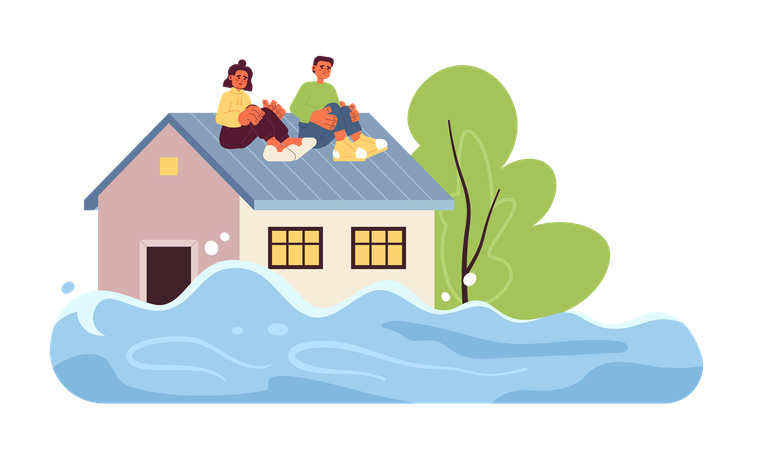 Scared people on flooded house roof  Illustration