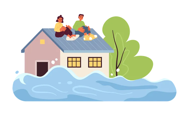 Scared People On Flooded House Roof Flat Concept Vector Spot Illustration Deep Water Rescue Operation For 2 D Cartoon Characters On White For Web UI Design Isolated Editable Creative Hero Image Illustration