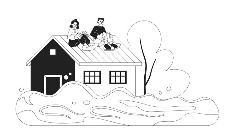 Scared people on flooded house roof  Illustration