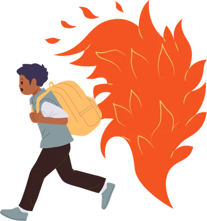 Scared school boy with backpack running away from open fire  Illustration