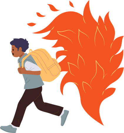 Scared school boy with backpack running away from open fire  Illustration