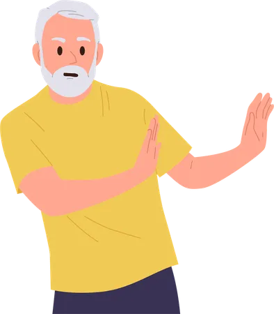 Scared senior man feeling threatened and fenced off with arms  Illustration