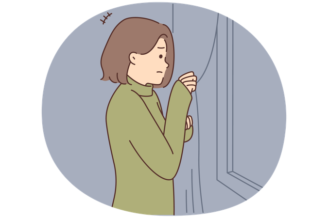 Scared unhappy woman looking out of window feel anxious  Illustration