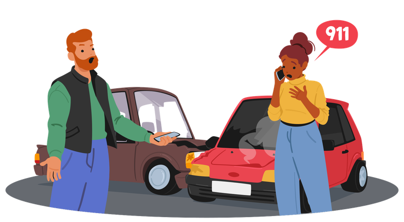 Scared Woman Calling 911 After Car Accident  Illustration