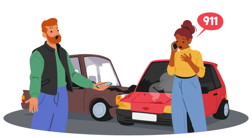 Scared Woman Calling 911 After Car Accident  Illustration