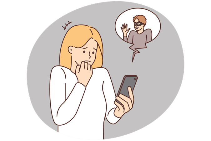 Scared woman frustrated with internet scam on cell  Illustration