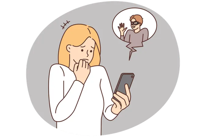 Scared woman frustrated with internet scam on cell  Illustration