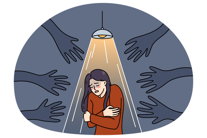 Scared woman haunted by black hands  Illustration