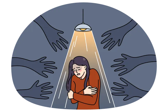 Scared woman haunted by black hands  Illustration