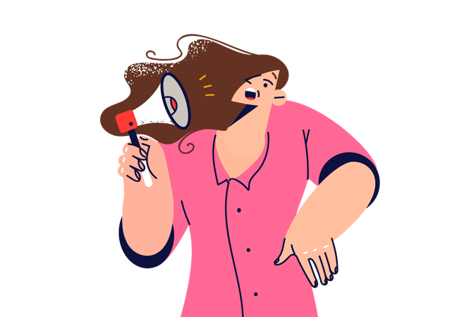 Scared woman hears notification from megaphone  Illustration