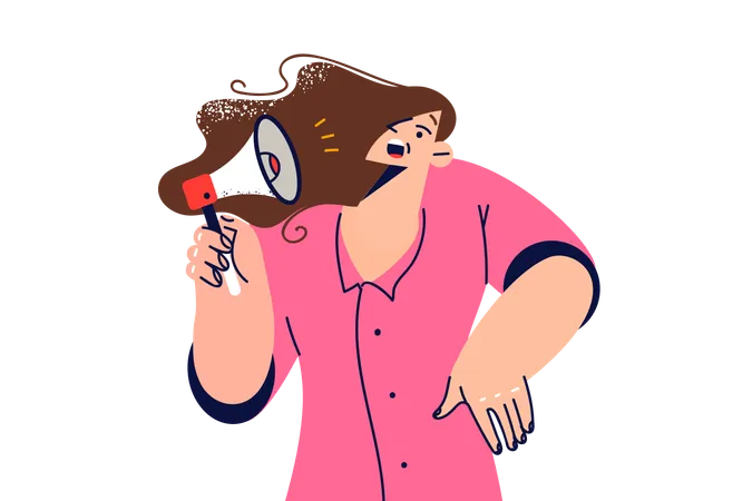 Frightened Woman Hears Notification From Megaphone Feels Embarrassed Because Of Spam Or Intrusive Advertising Shocked Girl Holding Megaphone Panicking After Bad News Announcement Illustration