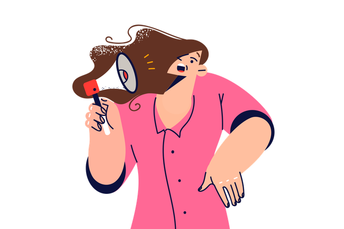 Scared woman hears notification from megaphone and feels embarrassed because of spam  Illustration