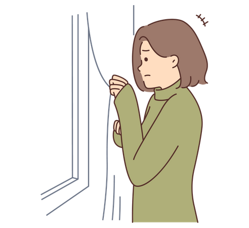 Scared woman looking out window  Illustration
