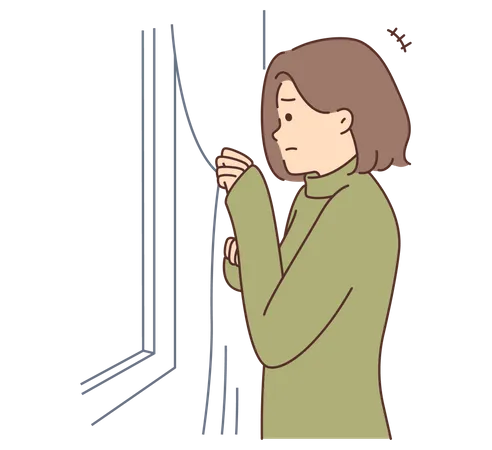 Scared woman looking out window  Illustration