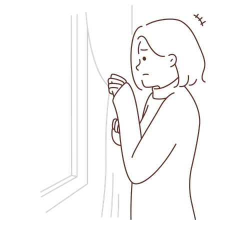 Scared woman looking out window  Illustration