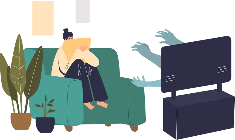 Scared Woman Watching Horror Movie At Home Alone Sitting On Coach And Covering With Pillow Scary Films Watch And Home Entertainment Concept Cartoon Flat Vector Illustration Illustration