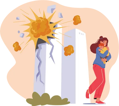 Scared Woman with Baby Running Away from Exploding Building Towers  Illustration