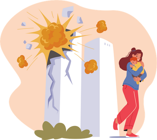 Scared Woman with Baby Running Away from Exploding Building Towers  Illustration