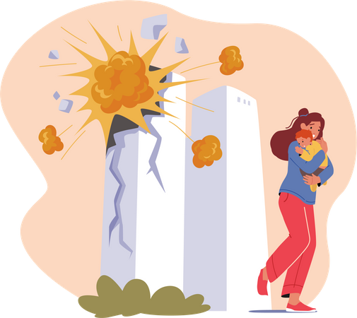 Scared Woman with Baby Running Away from Exploding Building Towers  Illustration