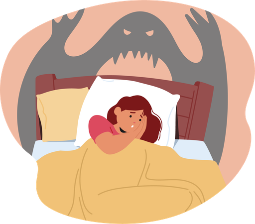 Scared woman with trembling body under blanket suffering from nightmare  Illustration