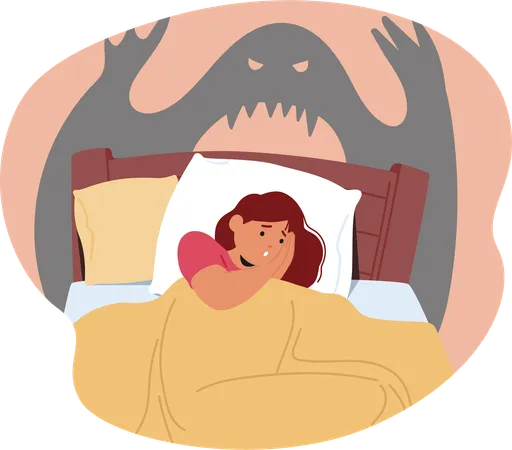 Scared woman with trembling body under blanket suffering from nightmare  Illustration