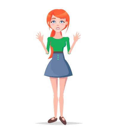 Scared Young Woman Illustration Beautiful Redhead Girl In Blouse And Skirt Standing With Frightened Face Expression And Raised Hands Flat Vector Isolated On White Surprised Female Cartoon Character Illustration