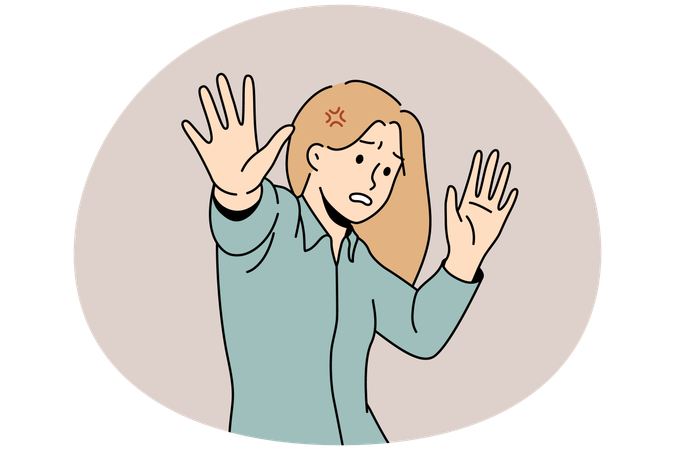 Scared young woman make stop hand gesture feeling danger  Illustration